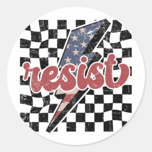 Pegatina Redonda Camiseta Vintage Resist, Anti-patriótico a Cuadros