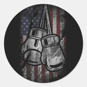 Pegatina Redonda Camisetas de boxeo con bandera americana para homb