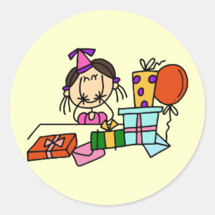 Pegatina Redonda Camisetas de chica de pelo castaño con regalos de