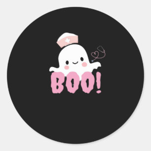 Pegatina Redonda Camisetas de enfermería de Halloween ¡Boo femenino