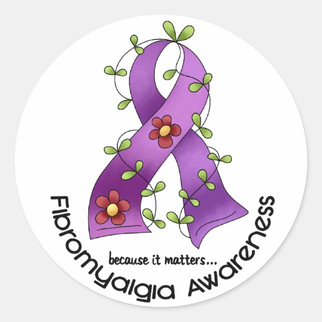 Pegatina Redonda Camisetas Flower Ribbon FIBROMYALGIA (Anverso)