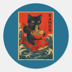 Pegatina Redonda Camisetas Gráficas Japonesas de Ramen de Gato Negr