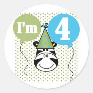 Pegatina Redonda Camisetas y regalos de cuarto cumpleaños de cebra