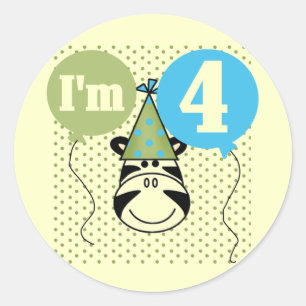 Pegatina Redonda Camisetas y regalos de cuarto cumpleaños de cebra