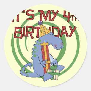 Pegatina Redonda Camisetas y regalos del cuarto cumpleaños de Dinos