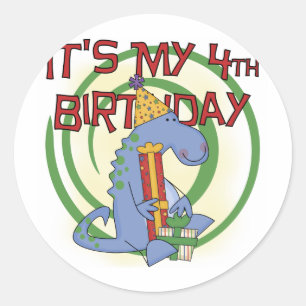 Pegatina Redonda Camisetas y regalos del cuarto cumpleaños de Dinos