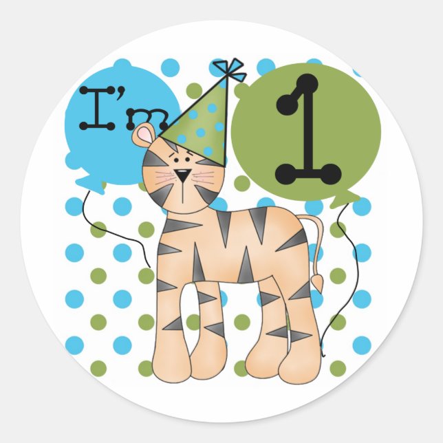 Pegatina Redonda Camisetas y regalos del primer cumpleaños del tigr (Anverso)