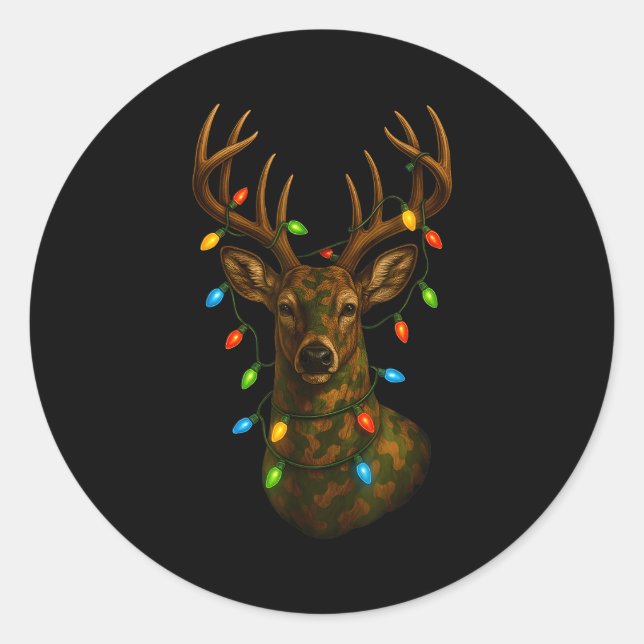 Pegatina Redonda Camo Hunting Reindeer Deer Christmas Holiday Xmas  (Anverso)