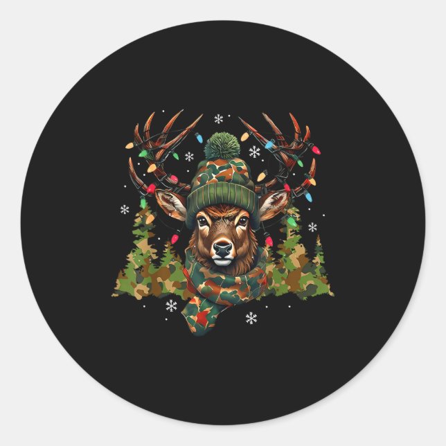Pegatina Redonda Camo Hunting Reindeer Deer Xmas Lights Christmas H (Anverso)