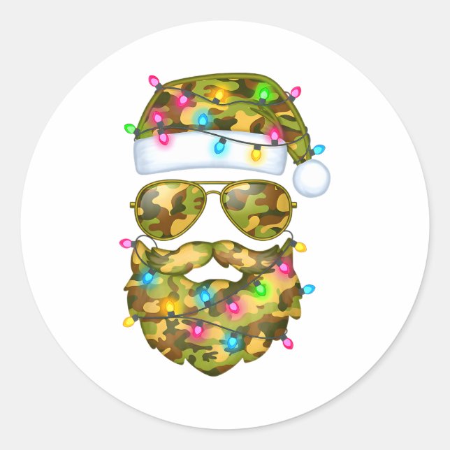 Pegatina Redonda Camo Santa Claus Sungles Camouflage Funny Xmas Lig (Anverso)