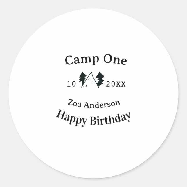 Pegatina Redonda Camp one happy birthday name date campingadventure (Anverso)
