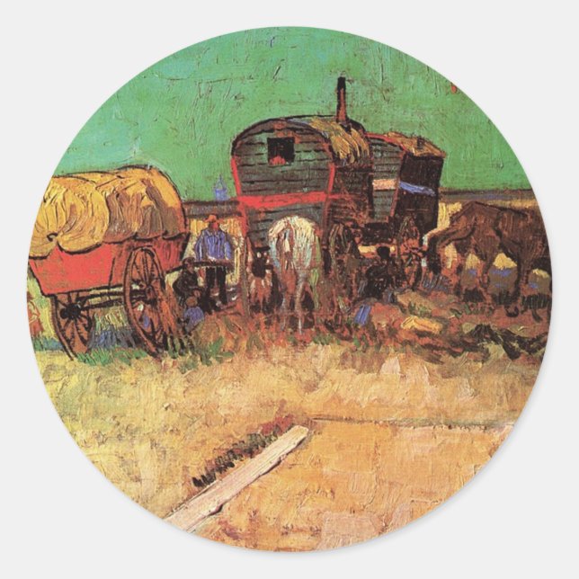 Pegatina Redonda Campamento de gitanos con caravanas, Van Gogh (Anverso)