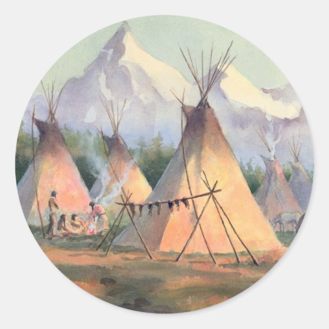 Pegatina Redonda CAMPAMENTO INDIO TIPI por SHARON SHARPE (Anverso)