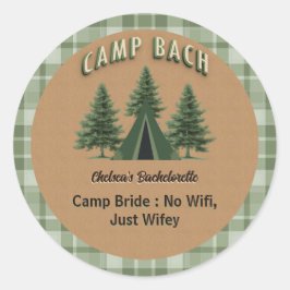 Pegatina Redonda Campamento Rústico Plaid Bach, Carpa Evergreen Tex