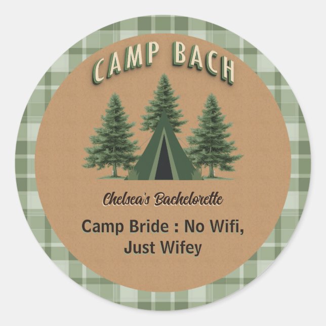 Pegatina Redonda Campamento Rústico Plaid Bach, Carpa Evergreen Tex (Anverso)