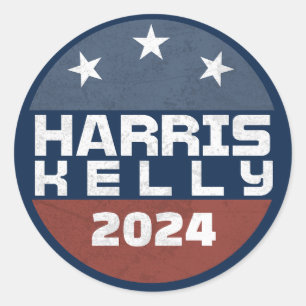 Pegatina Redonda Campaña Harris Kelly 2024 Vintage Rojo Azul