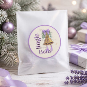 Pegatina Redonda Campanas de Navidad con Lazo y Borla de Lavanda