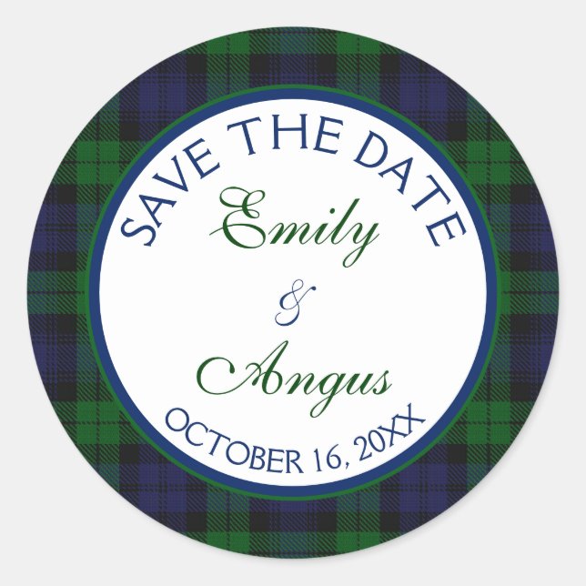 Pegatina Redonda Campbell Black Watch Tartan Boda Save a Date (Anverso)