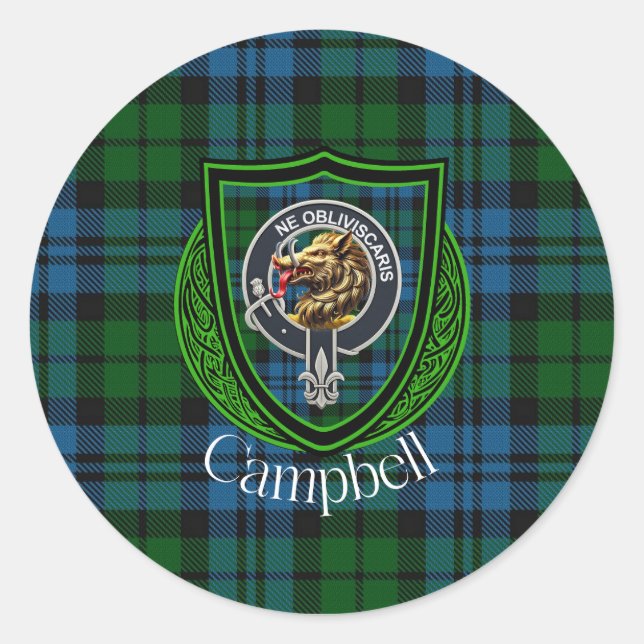 Pegatina Redonda Campbell Scottish Clan Tartan & Crest (Anverso)