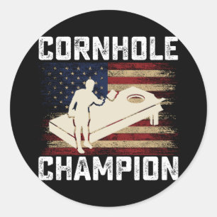Pegatina Redonda Campeón de Cornhole Bandera Americana USA 4 de Jul