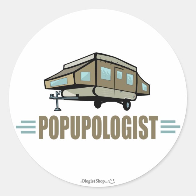 Pegatina Redonda Camper pop up humorístico (Anverso)