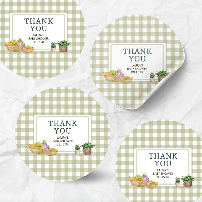 Pegatina Redonda Campesinos cultivados localmente comercializan Bab (Green Farmers Market Locally Grown Baby Shower Round Sticker )