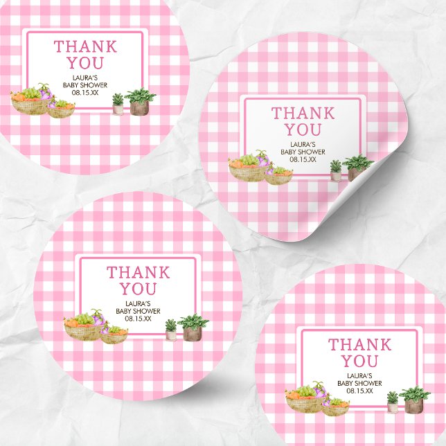 Pegatina Redonda Campesinos de raza rosa cultivados en el mercado B (Pink Farmers Market Locally Grown Baby Shower Round Sticker)