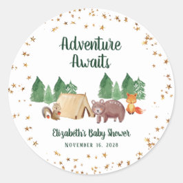 Pegatina Redonda Camping de animales de Woodland de Baby Shower