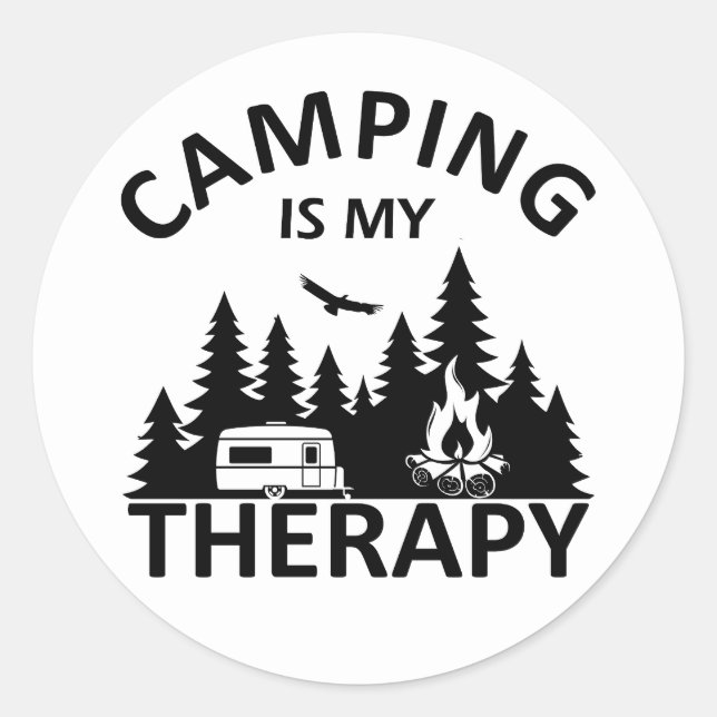 Pegatina Redonda Camping es mi divertido lema de terapia de camper (Anverso)
