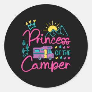 Pegatina Redonda Camping Familia Chica Campervan Autocaravana Princ
