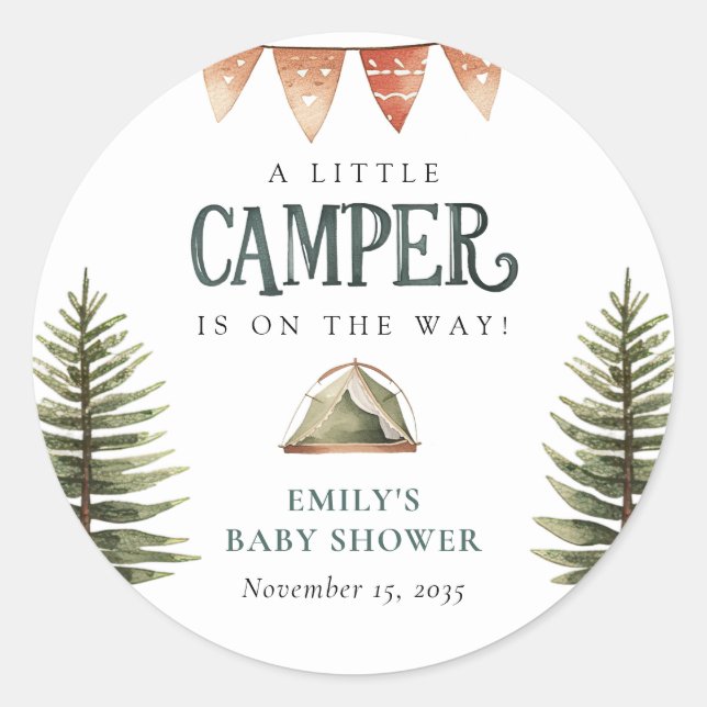 Pegatina Redonda Camping Forest Watercolor Baby Shower (Anverso)