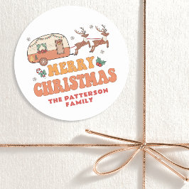 Pegatina Redonda Camping Merry Christmas Reindeer Nombre Personaliz