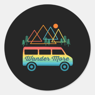 Pegatina Redonda Camping Retro Camper Van Vintage Atardecer Montaña
