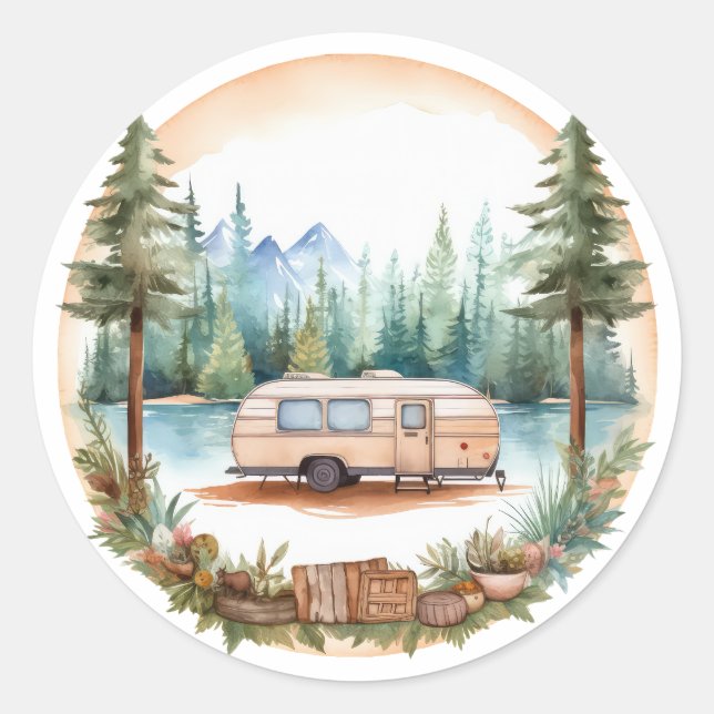 Pegatina Redonda Camping RV en los bosques, acampada RV (Anverso)