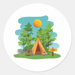Pegatina Redonda Camping, senderismo y naturaleza al aire libre