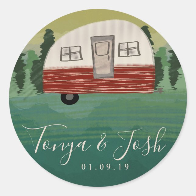 Pegatina Redonda Camping Vintage Camper Bridal Shower Getaway (Anverso)