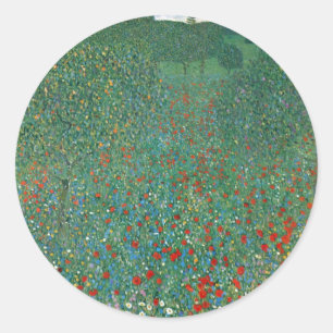 Pegatina Redonda Campo de amapolas por Gustav Klimt, Arte Nouveau v