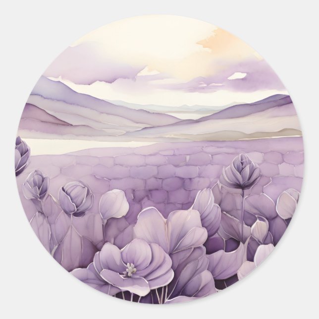 Pegatina Redonda Campo de flores púrpura acuarela (Anverso)