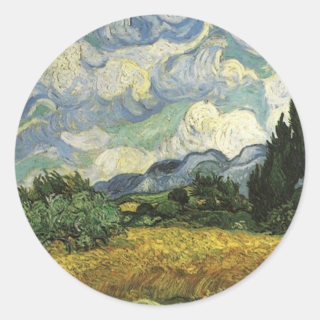 Pegatina Redonda Campo de trigo con cipreses, Vincent Van Gogh (Anverso)