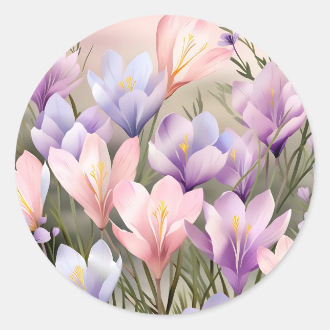 Pegatina Redonda Campos de Crocus floral Springtime (Anverso)