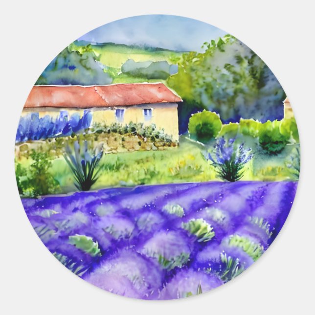 Pegatina Redonda Campos de lavanda de pintura (Anverso)