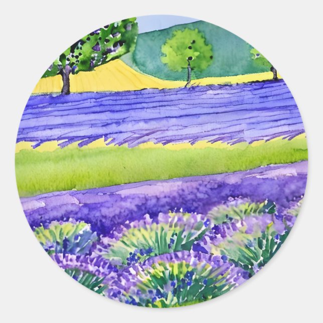 Pegatina Redonda Campos de lavanda Francia (Anverso)