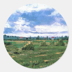Pegatina Redonda Campos de trigo con almiares, Vincent van Gogh