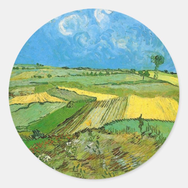 Pegatina Redonda Campos de trigo de Van Gogh en Auvers bajo el ciel (Anverso)