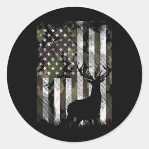 Pegatina Redonda Camuflaje bandera de EE. UU. Ciervo alce camuflaje