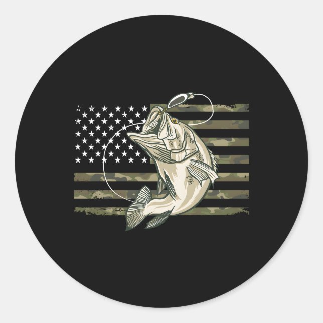 Pegatina Redonda Camuflaje De Pesca Bandera Estadounidense Pescado  (Anverso)