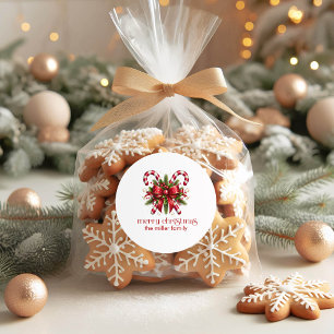 Pegatina Redonda Caña de caramelo decorada para Navidad Feliz Navid