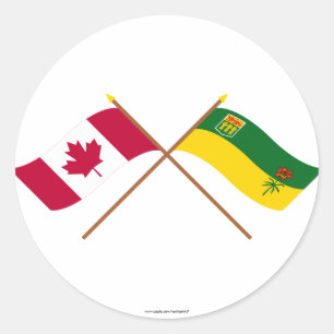 Pegatina Redonda Canadá y banderas cruzadas Saskatchewan