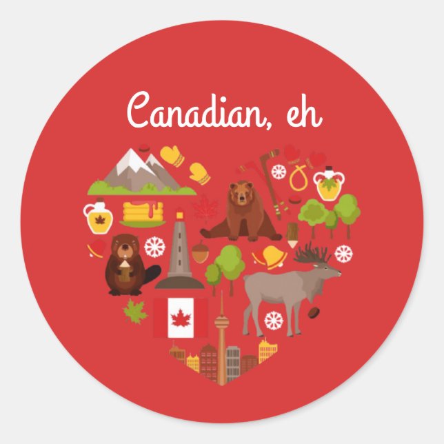 Pegatina Redonda Canadiense, eh. Corazón canadiense. (Anverso)