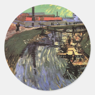 Pegatina Redonda Canal con mujeres lavando por Vincent van Gogh